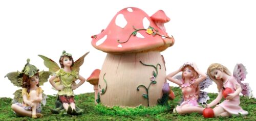Ebros Gift Enchanted Fairy Garden Miniatures Starter Kit Fairy Cottage Landmarks with Four Mini Fairies Figurine Set Do It Yourself Ideas for Your Home (Pink Mushroom Cottage Kit)