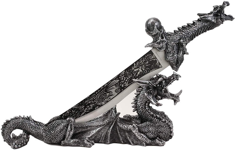 Ebros Gift Obsidian Athame Dragon Blade Letter Opener with Drake Base Stand Set