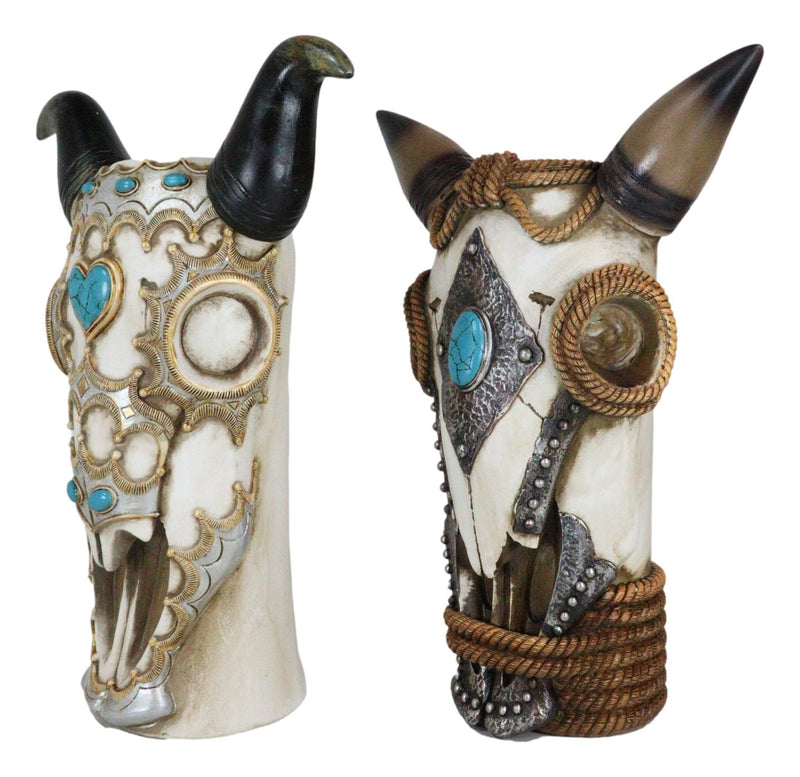 Set Of 2 Southwest Cow Skull With Turquoise Rocks And Braided Ropes Floral Vases