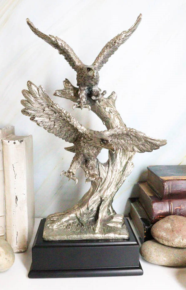 Large King Of The Skies Electroplated Silver Bald Eagles Taking Flight Statue