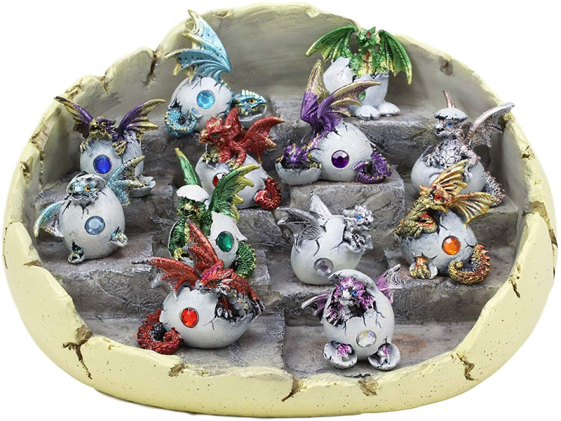 Ebros Colorful 12 Month Birthstone Dragons in Gemstone Eggs Miniature Figurines with Dragon Egg Display Stand Set Gem Stone Birthday Medieval Fantasy Hatchling Figurines Collectible
