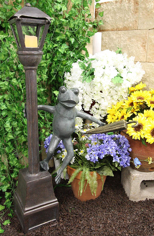 40"H Aluminum Whimsical Frog Dancing By Street Light Post Garden Lantern Statue - Ebros Gift