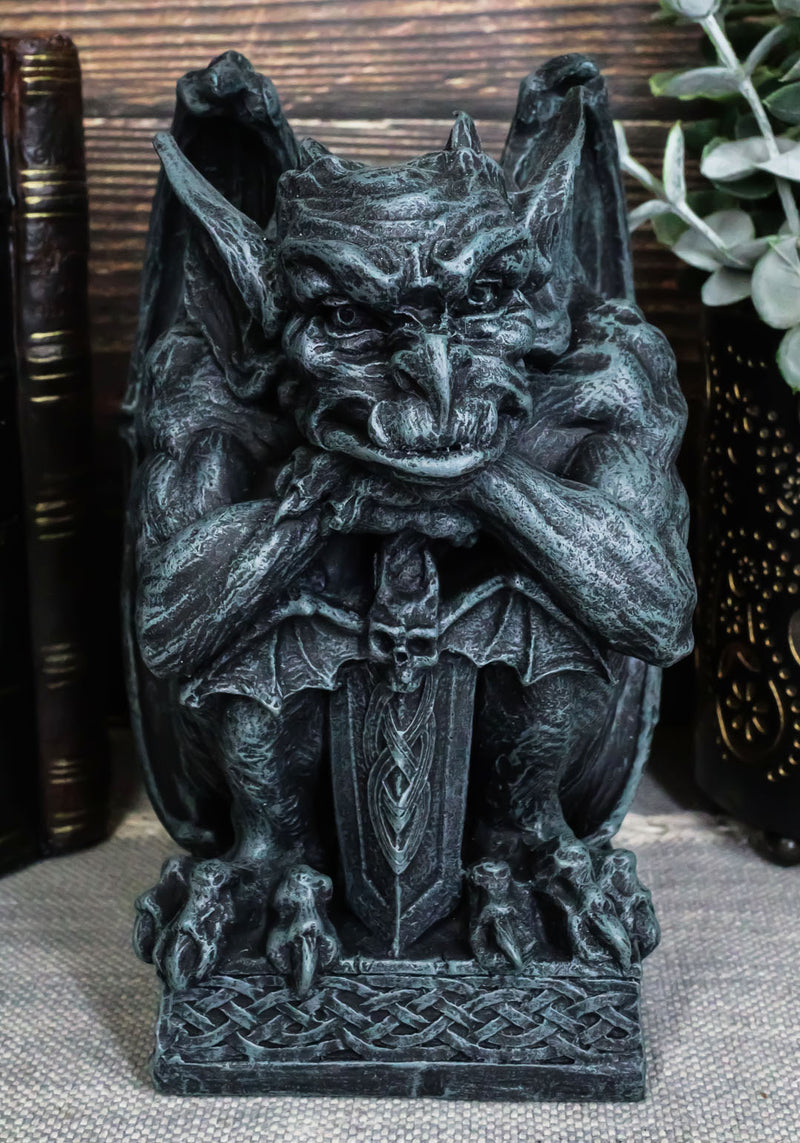 Ebros Stoic Warrior Notre Dame Gargoyle Holding Gothic Bat Sword Figurine 6.5"H