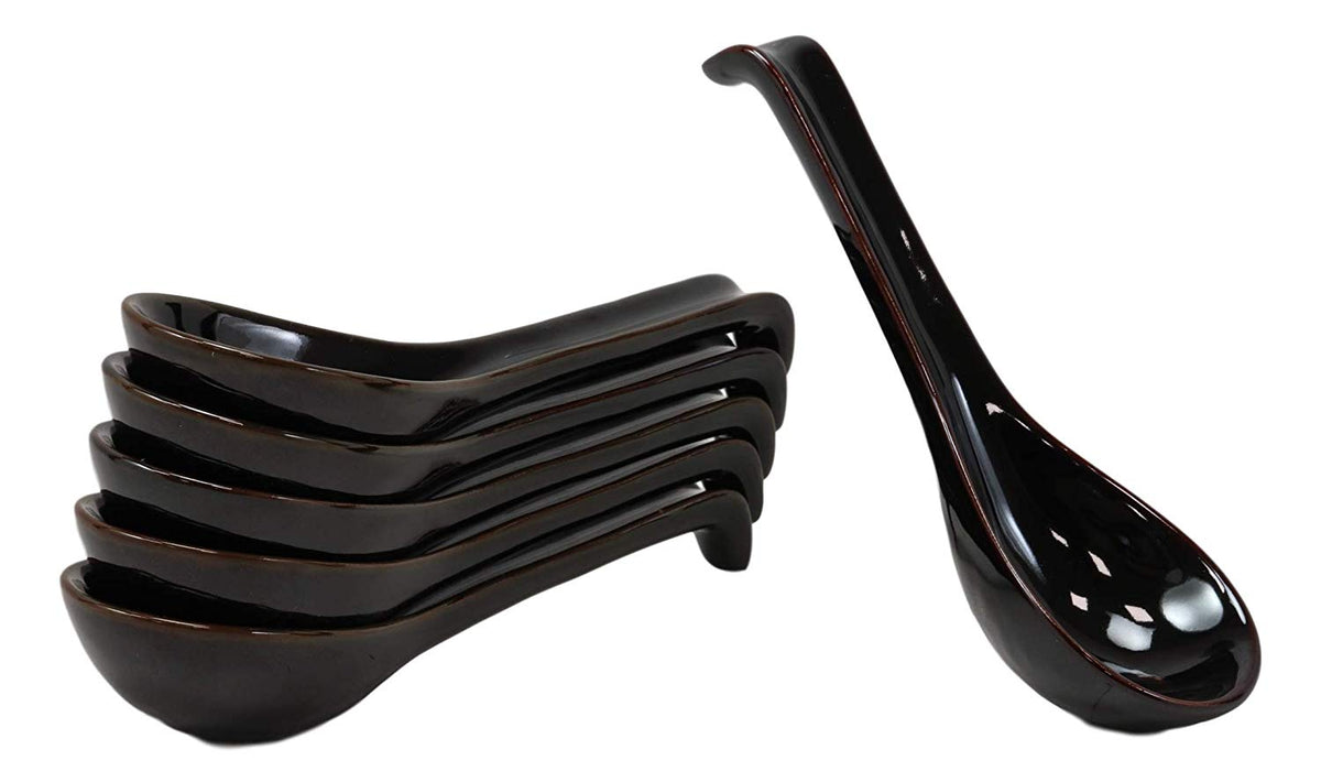 Ebros Japanese Modern Porcelain Soup Spoons With Ladle Hook Pack Of 6 (Black) - Ebros Gift