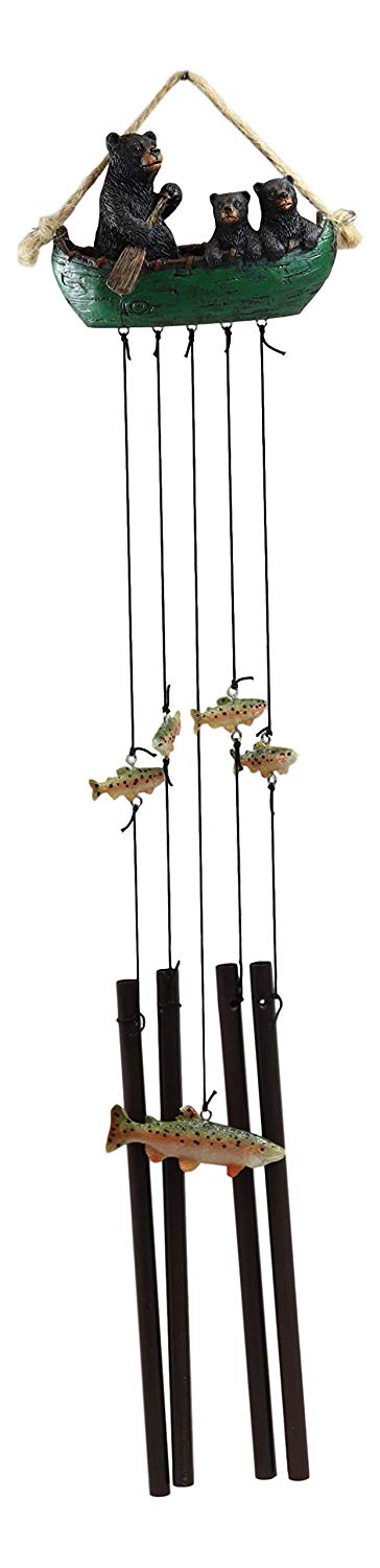Ebros Gift Rustic Woodland Forest Black Bear Mother and 2 Cubs Family Rowing Canoe Boat Figurine Top Resonant Wind Chime with Fish Ornaments Garden Patio Rustic Cabin Lodge Mountain River Home Accent