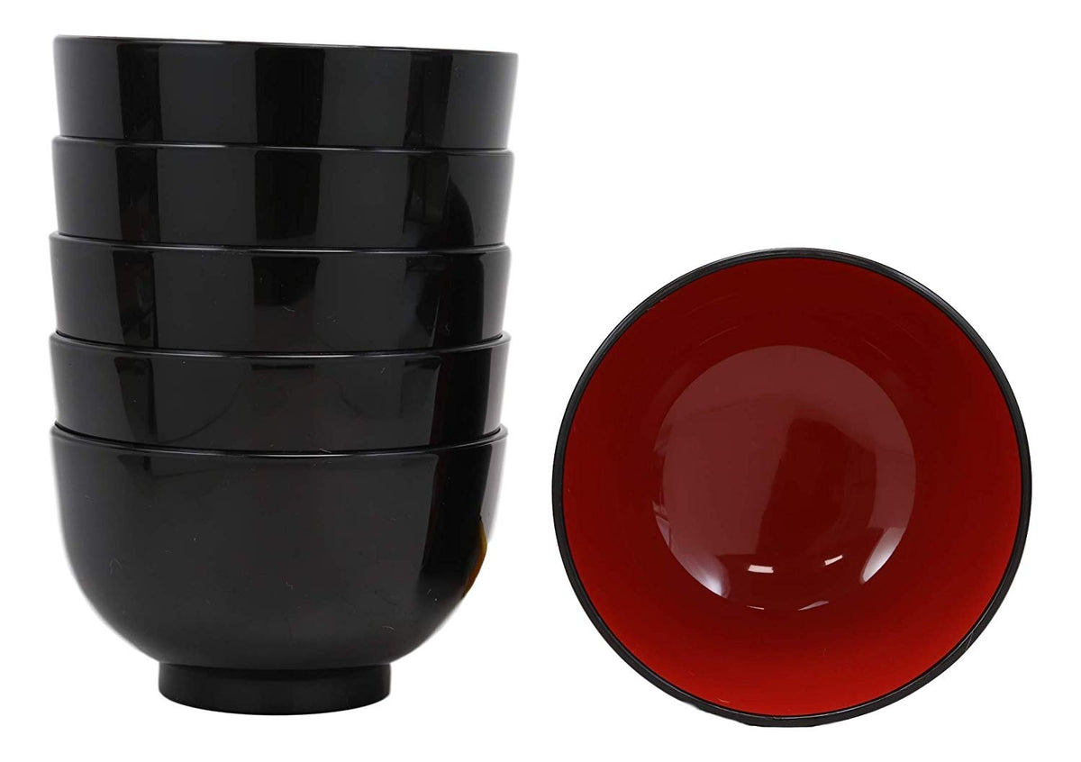 Ebros Made In Japan Black Red Lacquer Copolymer Plastic Large Bowl 38oz Set of 6