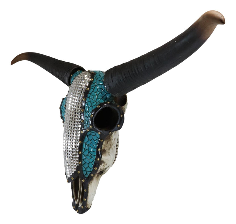 38"L Southwestern Mosaic Turquoise Bling Bison Steer Cow Skull Wall Decor Plaque