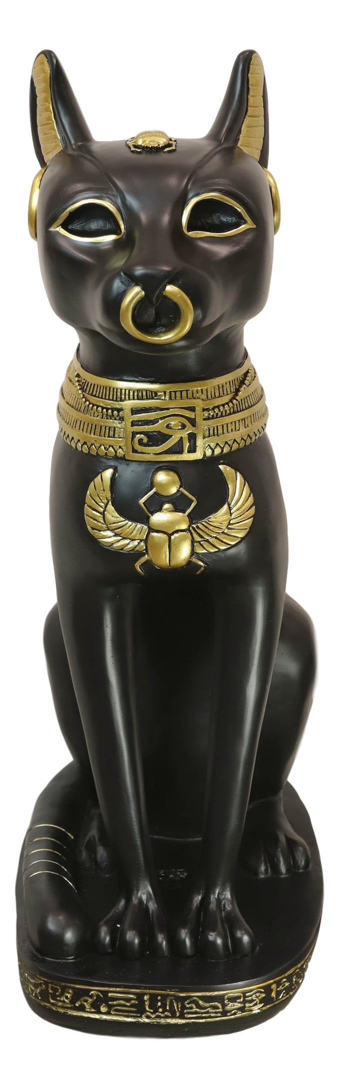 Large Black And Gold Egyptian Goddess Cat Bastet With Scarab Amulet Statue 37"H