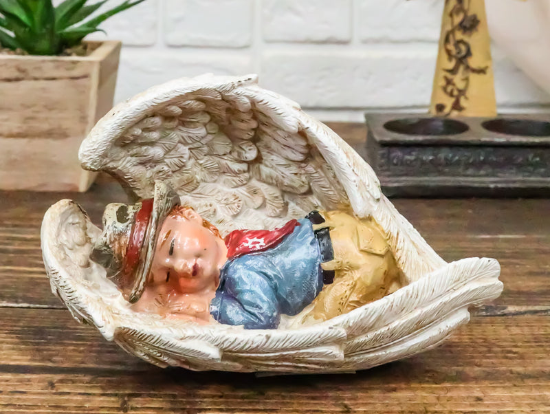 Rustic Western Cowboy Angel Baby Peacefully Sleeping In Giant Wings Figurine