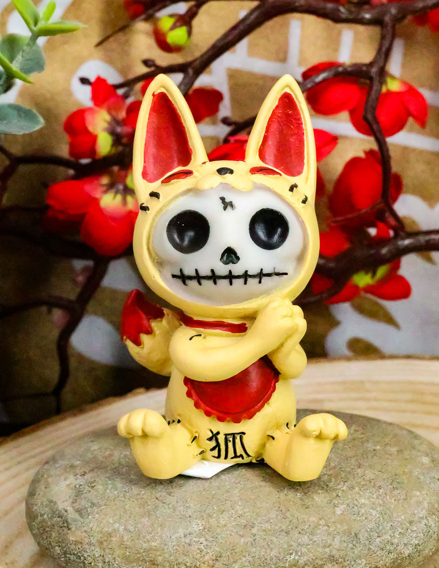 Ebros Japanese Beckoning Fox Maneki Kitsune Furry Bones Figurine 3" Tall Furrybones Skeleton Collectible Statue - Ebros Gift