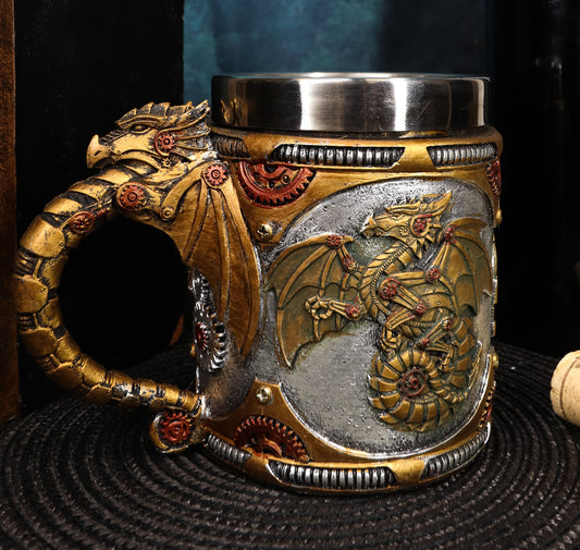 Ebros Golden Steampunk Cyborg Robotic Dragon Beer Stein Tankard Coffee Cup Mug - Ebros Gift