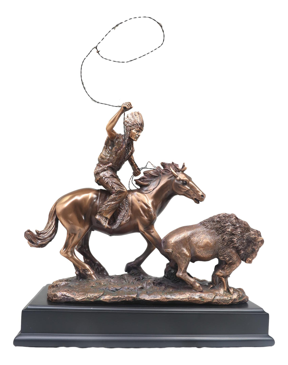 Tribal Native American Indian Hunter On Horse Roping Juvenile Bison Bull Statue - Ebros Gift