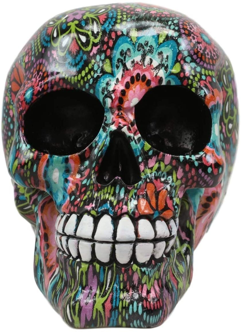 Ebros Day Of The Dead Color Beads And Floral Tattoo Sugar Cranium Skull Statue