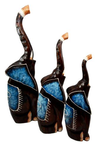 Balinese Wood Handicrafts Large Abstract Jungle Blue Elephant Figurine Set 20"H - Ebros Gift