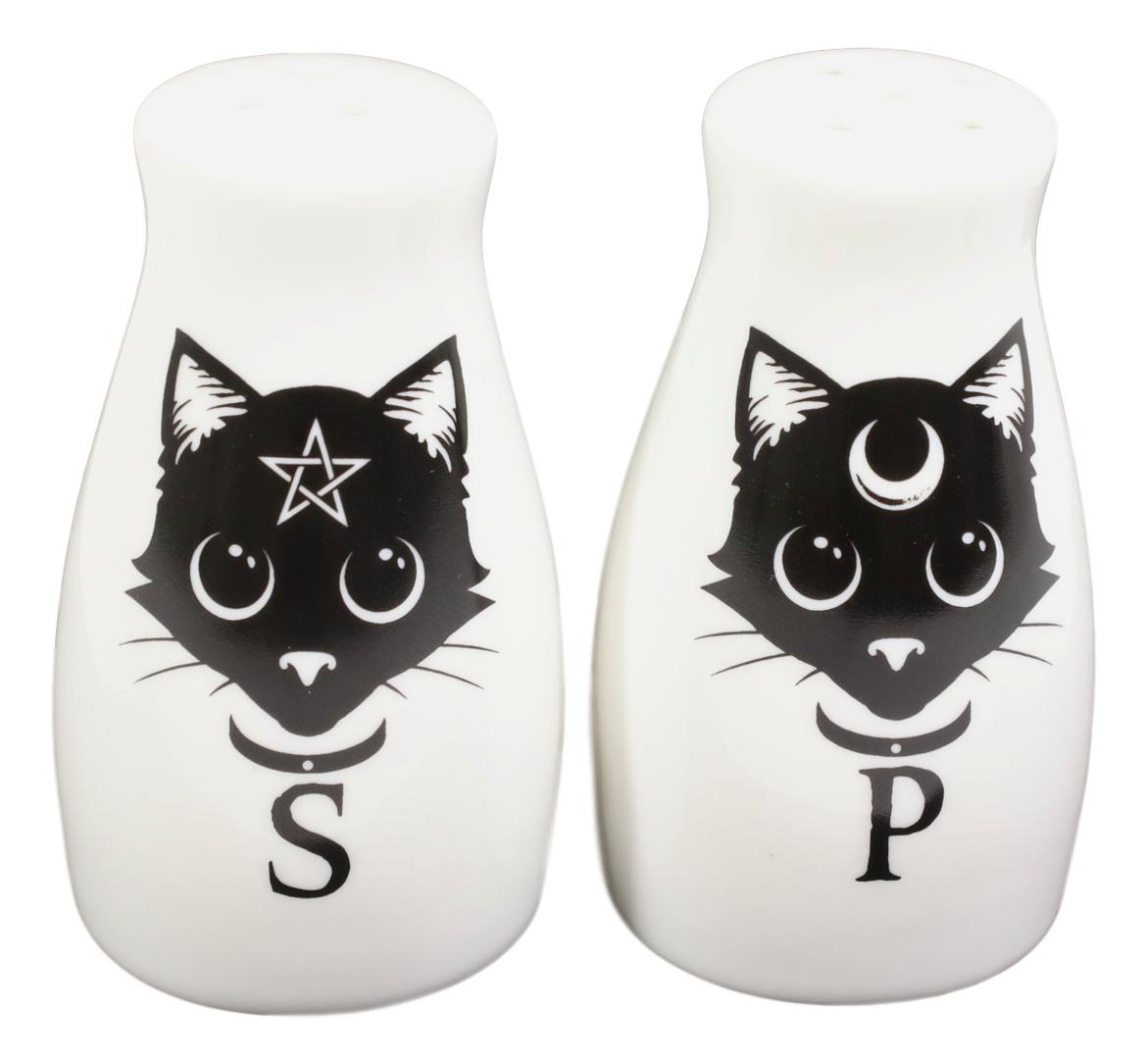 Wicca Magic Sacred Cats Pentacle Crescent Moon Ceramic Salt n Pepper Shakers Set - Ebros Gift