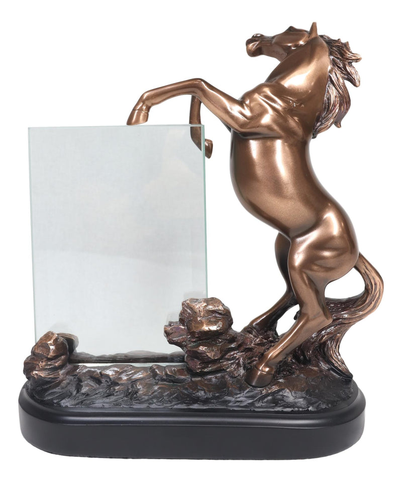 Ebros Rustic Western Wild Rearing Horse Statue With 4"X6" Glass Picture Frame