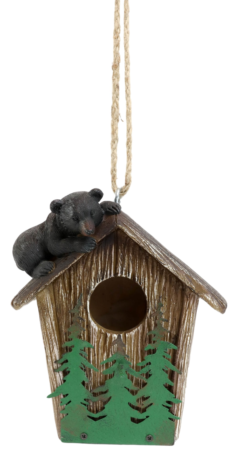 Rustic Black Bear Cub Climbing Pine Trees Birdhouse Roof Hanging Bird Feeder