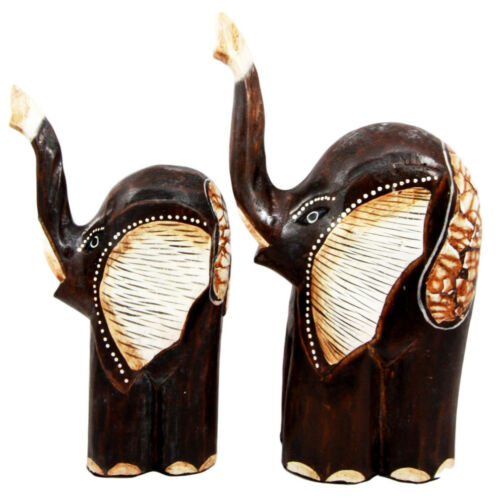 Balinese Wood Handicrafts Abstract Jungle Elephant And Calf Figurine Set 10"H