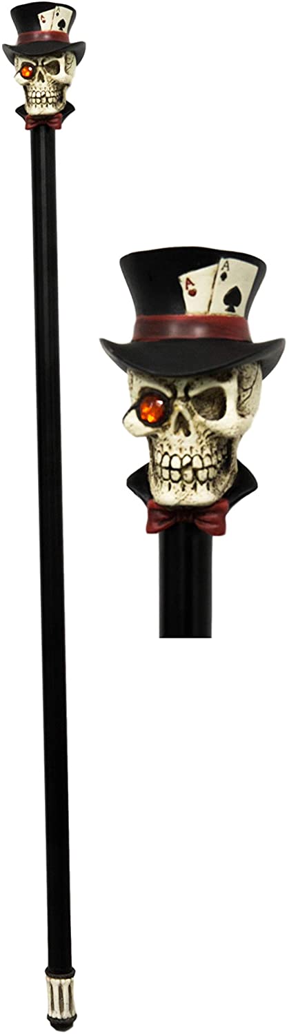 Ebros Poker Skull with Top Hat of Aces Decorative Prop Cosplay Walking Cane