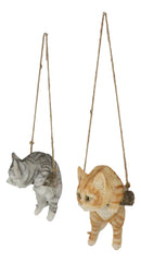 Set Of 2 Lifelike Feline Tabby Kitten Cats On Branch Swing Hanger Wall Decors