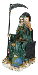 Seated Green Santa Muerte With Scythe Scales of Justice And Wise Owl Figurine 9"