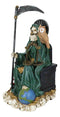 Seated Green Santa Muerte With Scythe Scales of Justice And Wise Owl Figurine 9"