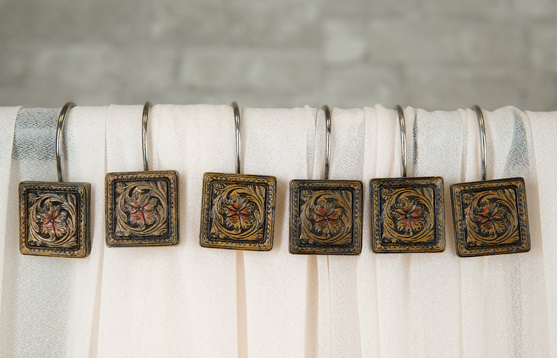 Rustic Scroll Floral Blossoms Tooled Leather Bathroom Shower Curtain Hooks 12pk