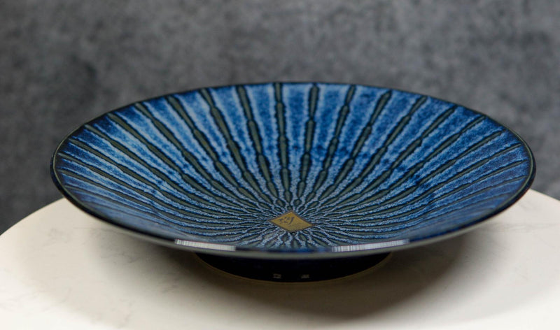 Japanese Blue Cascading Water Reduction Glazed Ceramic Shallow Bowls Pack Of 2