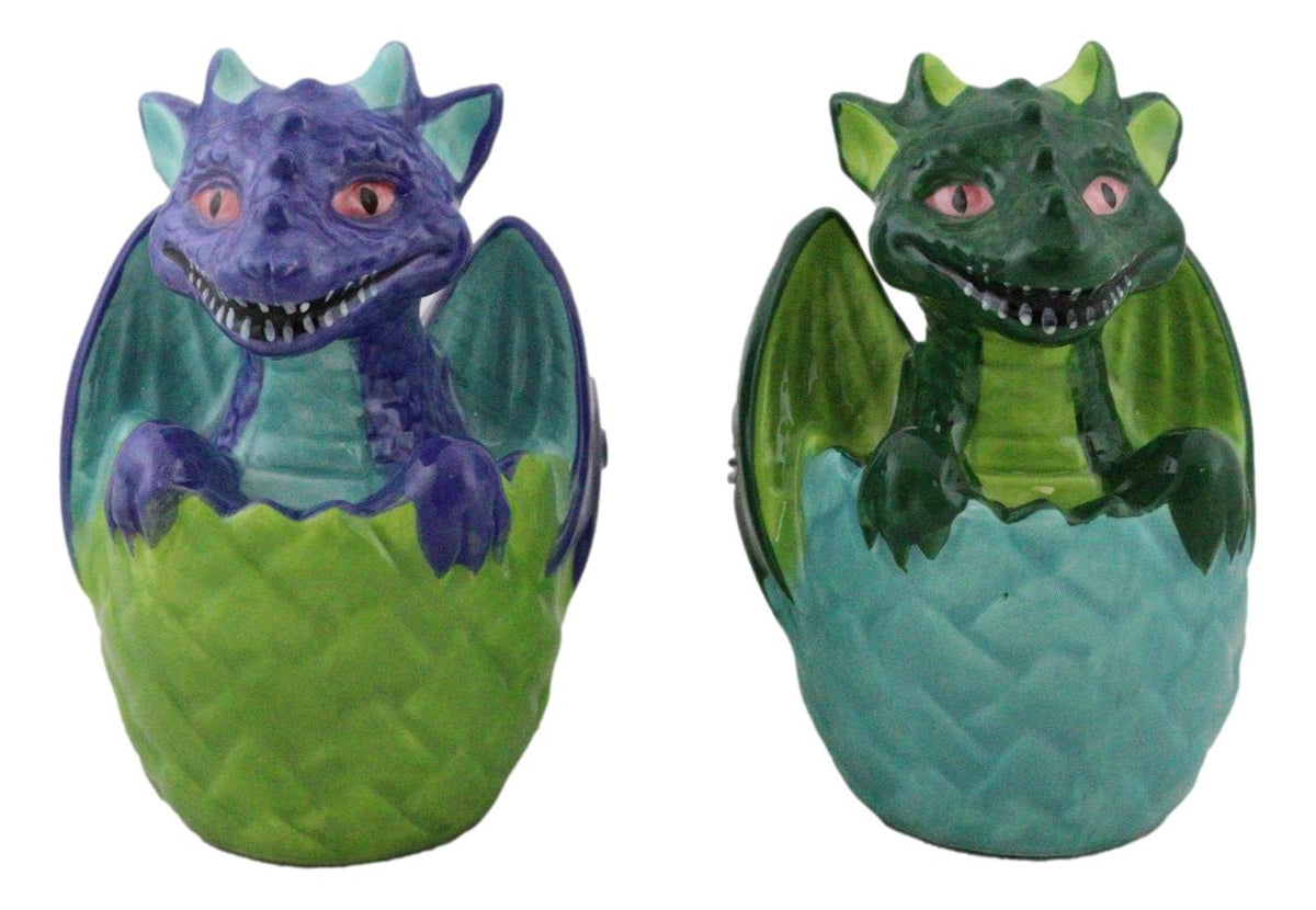 Green And Blue Dragon Hatchlings In Half Cracked Eggs Salt Pepper Shakers Set - Ebros Gift