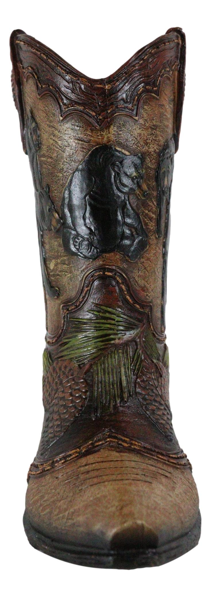 Western Black Bear Family With Pine Cones Cowboy Cowgirl Boot Vase Figurine