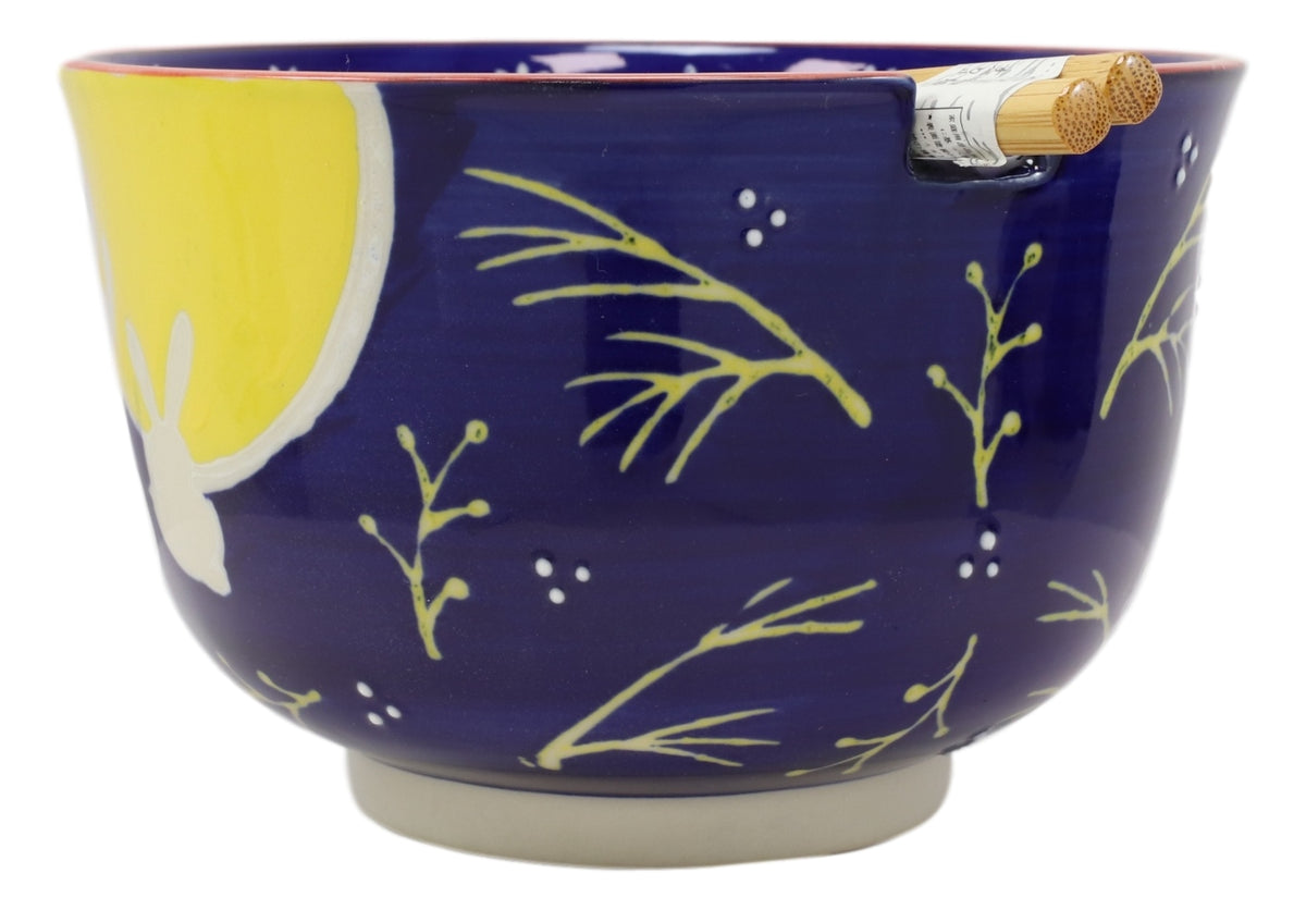 2 Bunny Rabbits And Full Moon Ramen Noodles Soup Large 6"D Bowl With Chopsticks