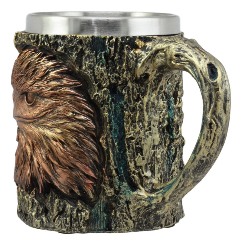 Ebros The Surveyor Wildlife Majestic Bald Eagle Coffee Mug With Rustic Tree Bark Body Design In Painted Bronze Finish 12oz Drink Beer Stein Tankard Cup