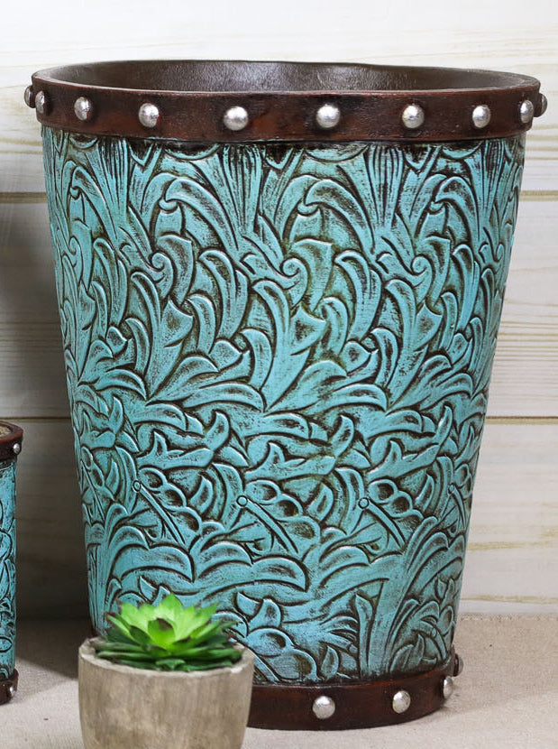 Rustic Western Turquoise Floral Scroll Faux Leather Dry Waste Basket Trash Bin