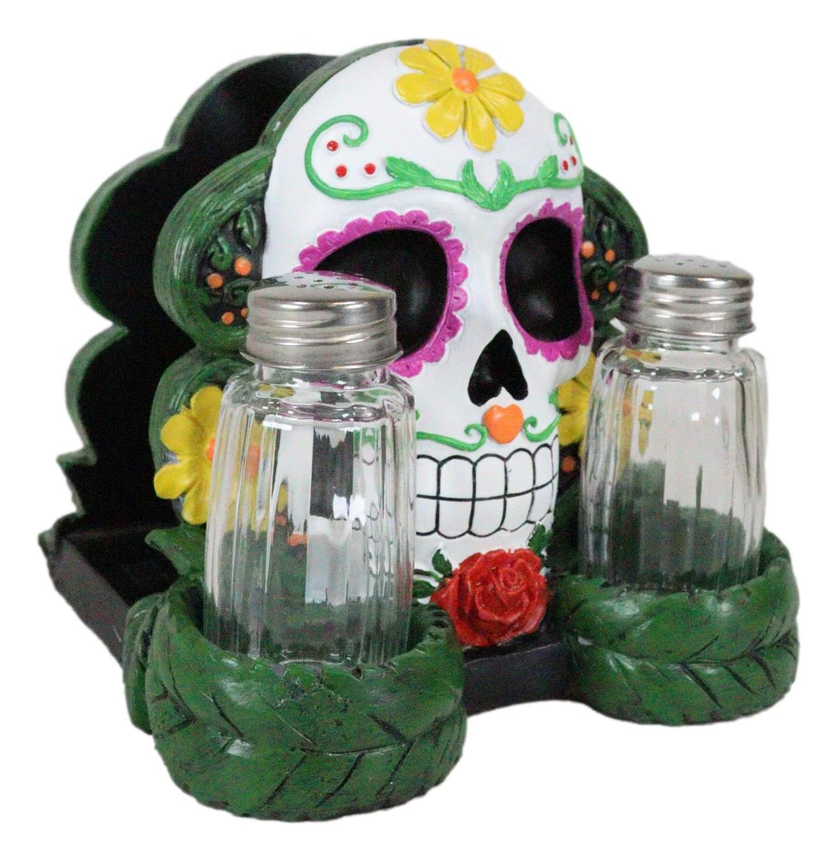 Sugar Skull Day Of The Dead Gothic Rose Salt Pepper Shakers Napkin Holder Set
