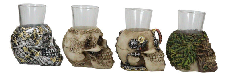 Gothic Greenman Diamond Steampunk And Tribal Skulls Resin Shot Glass Set Of 4