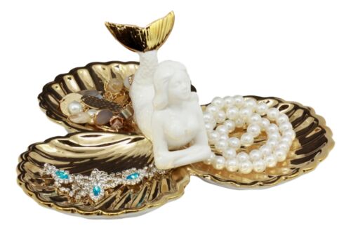 Ebros Mermaid with Three Golden Clam Shells Jewelry Dish Holder Figurine 9" L Art Nouveau Decor