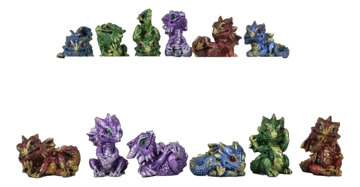 Set of 12 Metallic Red Green Purple Blue Baby Wyrmling Dragons Mini Figurines