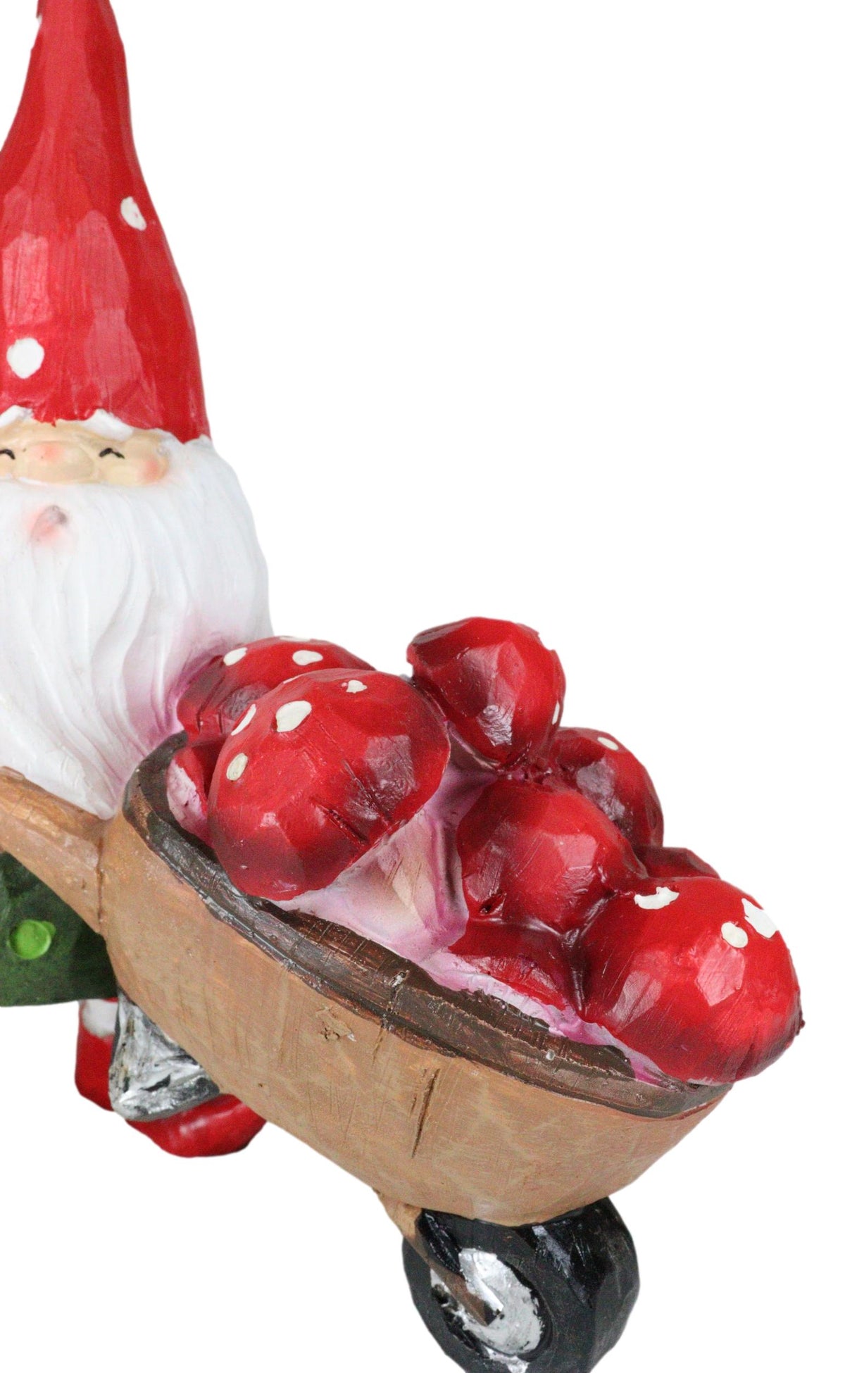 Whimsical Garden Mr Grandpa Gnome Pushing Toadstool Mushrooms Wheelbarrow Statue