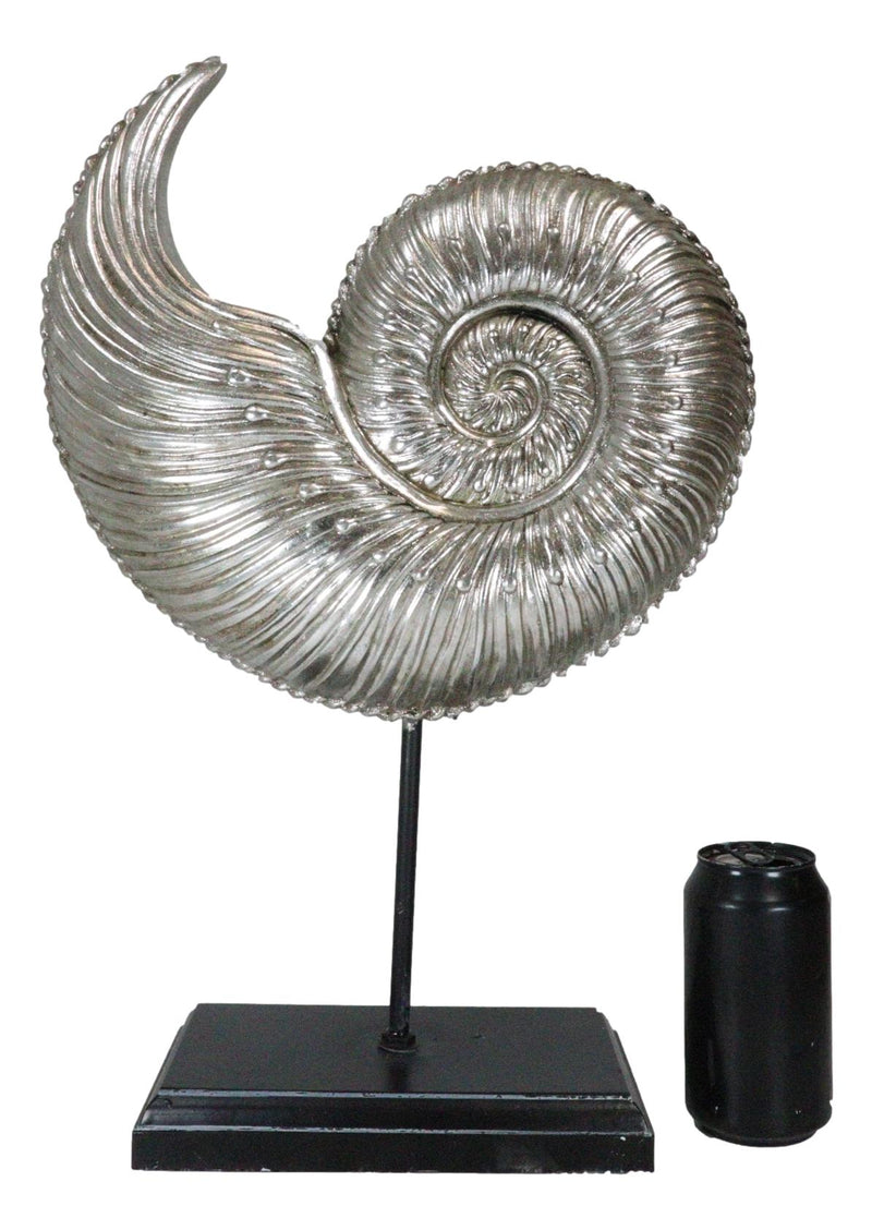19"H Large Silver Gold Leaf Resin Marine Sea Spiral Nautilus Shell On Pole Stand