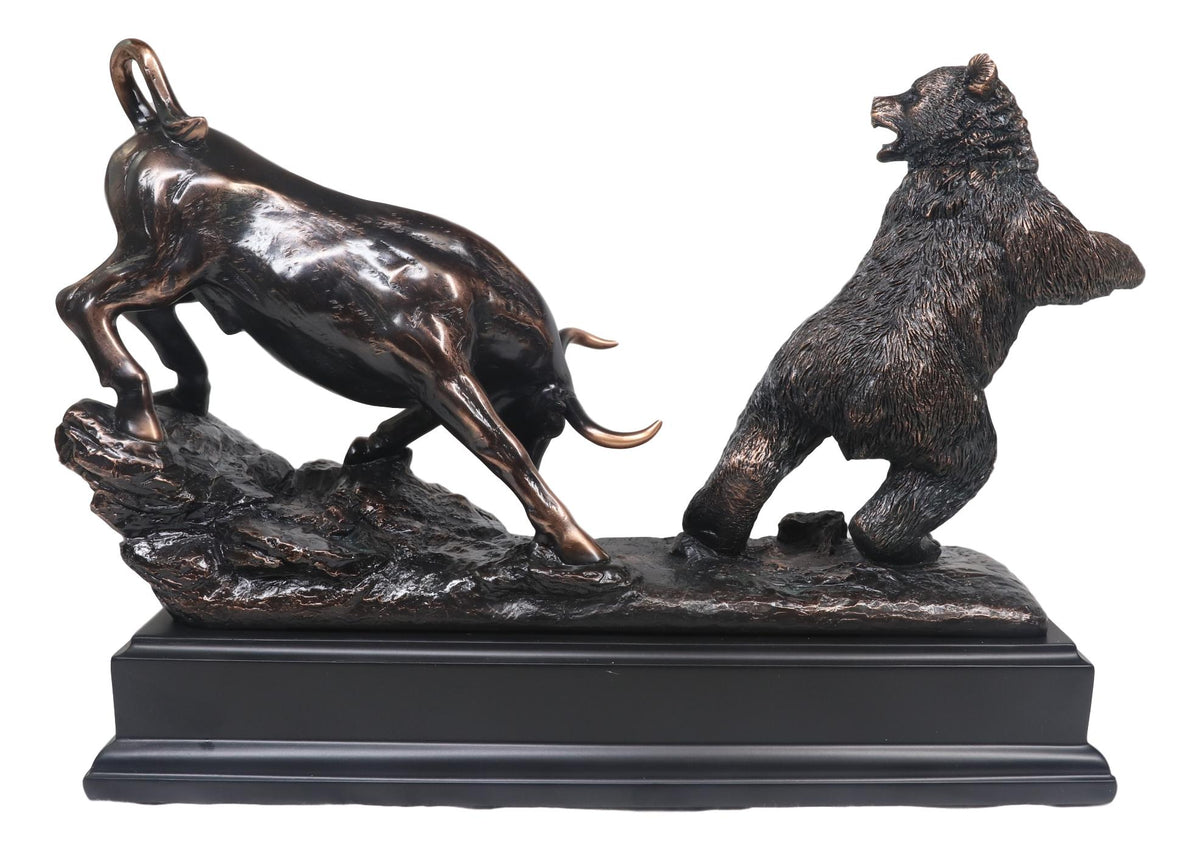 Wall Street Stock Market Signature Charging Bull With Conceding Bear Statue - Ebros Gift