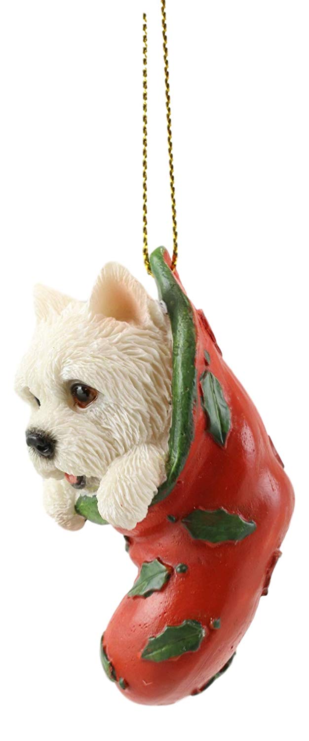 Ebros Lifelike White Westie in The Sock Small Hanging Ornament Figurine with Glass Eyes Adorable West Highland Terrier Holiday Festive Season Decor for Christmas Trees Animal Pet Collectible