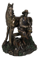 Rustic Western Desert Tranquility Cowboy Sitting By Fence And Horse Figurine