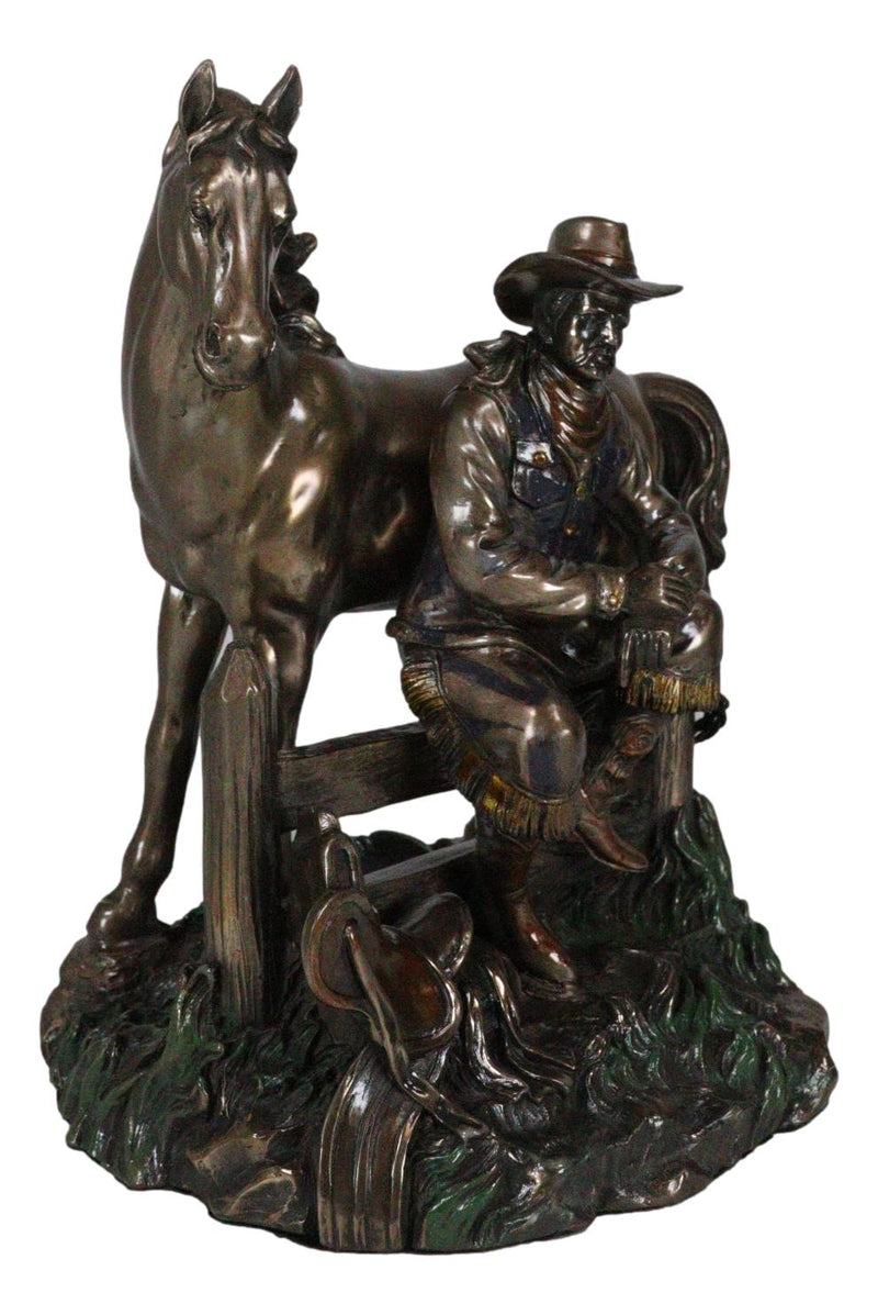 Rustic Western Desert Tranquility Cowboy Sitting By Fence And Horse Figurine
