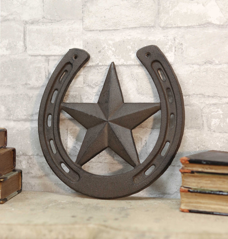 10"W Rustic Cast Iron Cowboy Horseshoe With Western Star Wall Decor Art Plaque