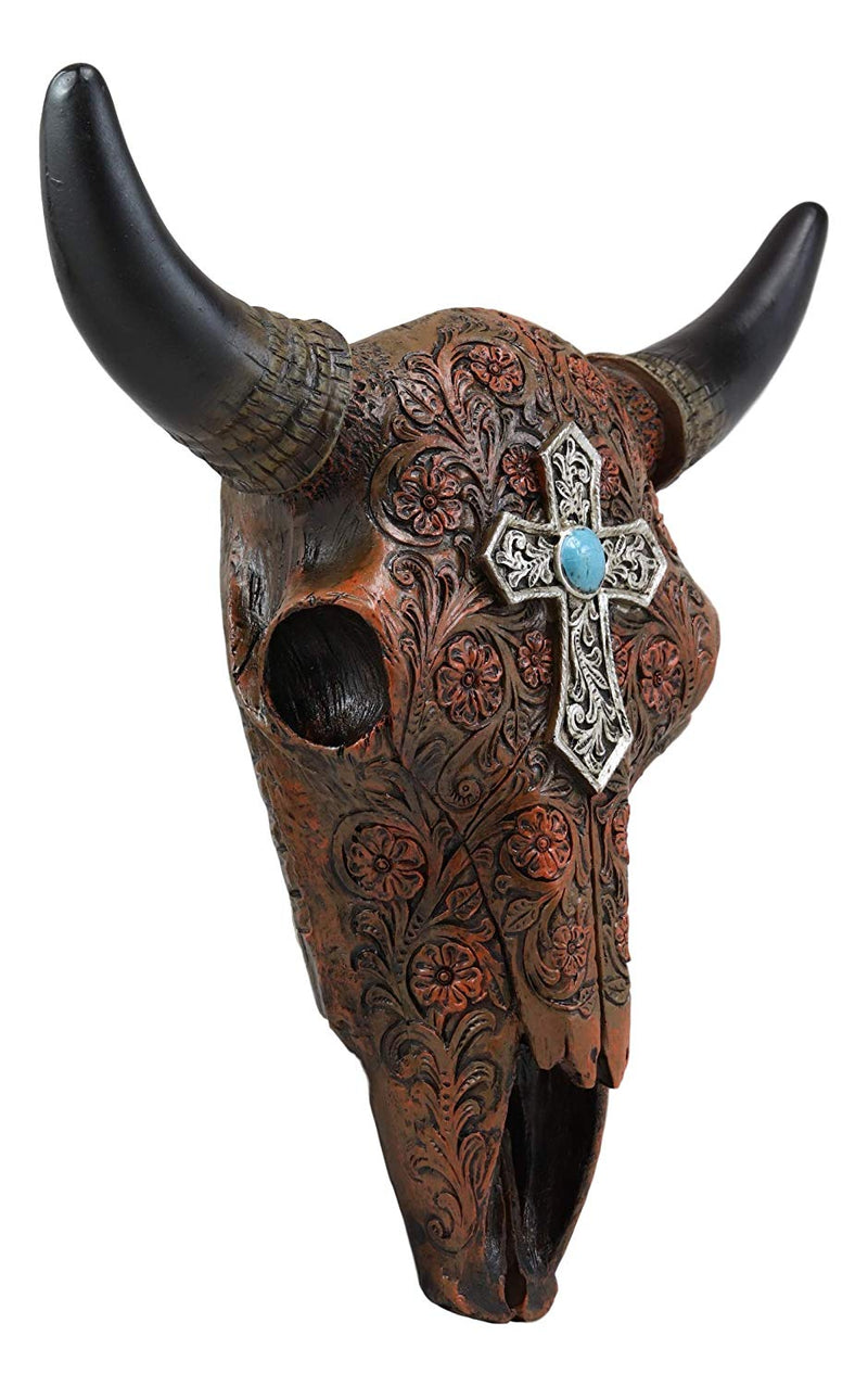 Ebros 11" High Western Southwest Steer Bison Buffalo Bull Cow Horned Skull Head with Turquoise Gem Silver Cross Tooled Leather Design Wall Mount Decor - Ebros Gift