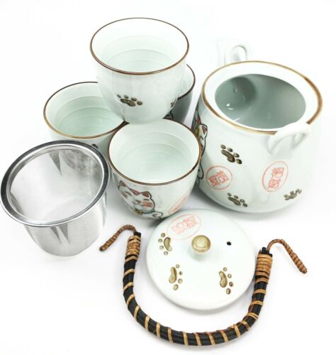 Japanese Maneki Neko Ceramic Tea Set Pot and Cups Lucky Charm Cat Serves 4