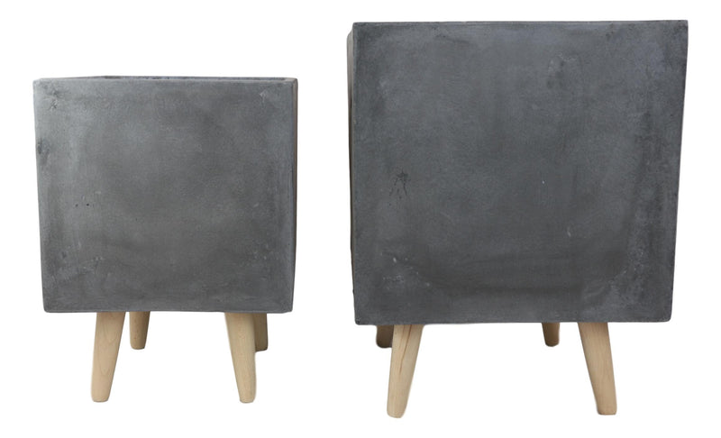 Set of 2 Contemporary Gray Fiber Clay Square Cube Planters Pots With Wooden Feet
