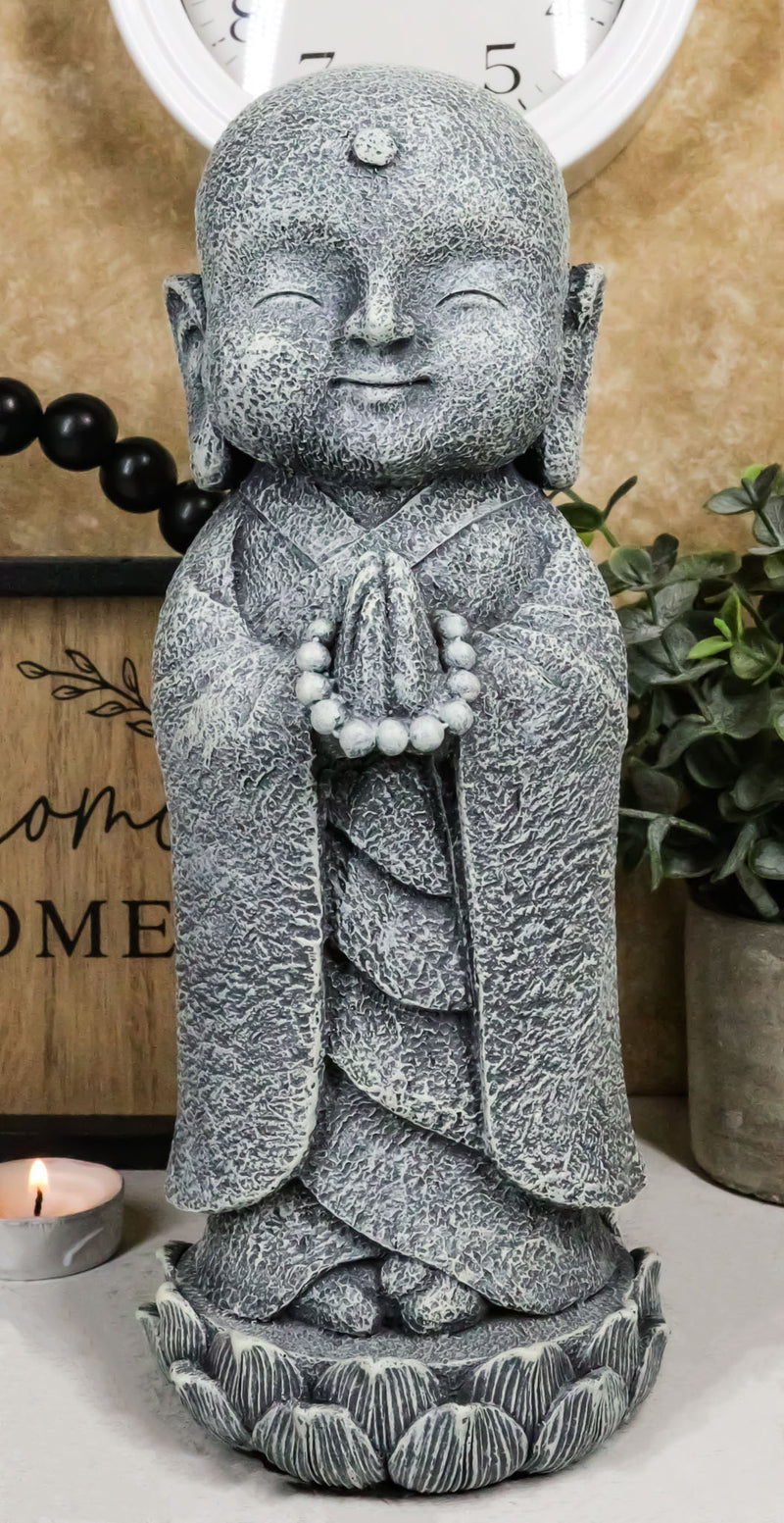 Japanese Namaste Praying Jizo Monk Standing On Lotus Flower Figurine 9.75"H