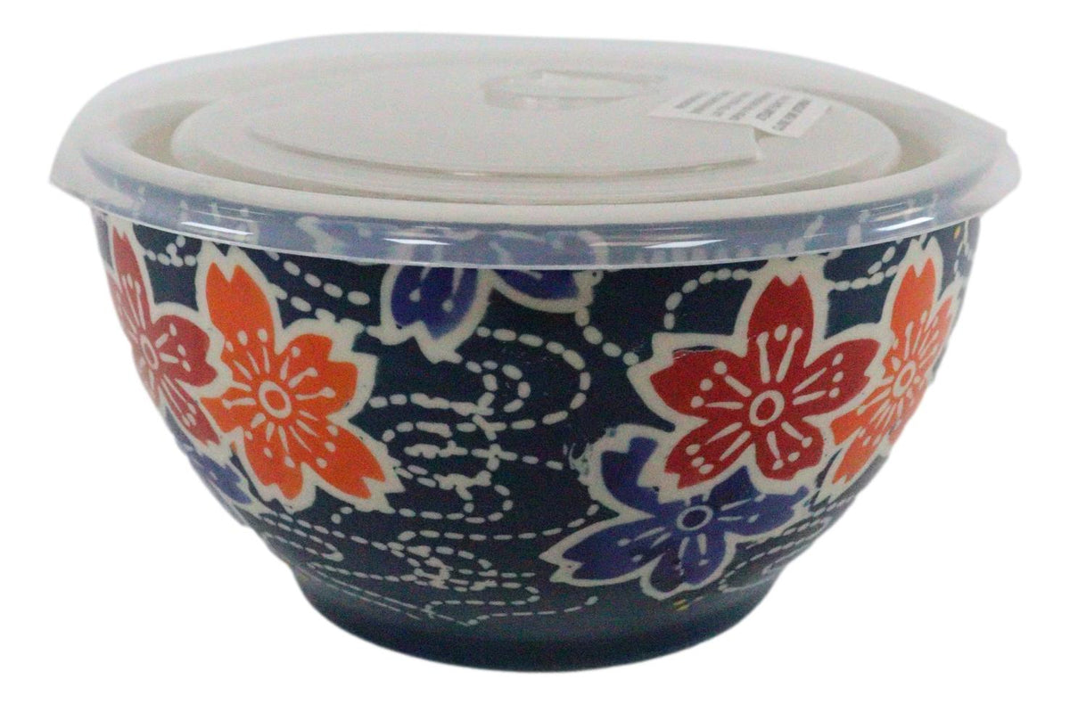 Ebros Set of 2 Ceramic Blue Cherry Blossoms Portion Meal Bowls 3 Cups Airtight Lid