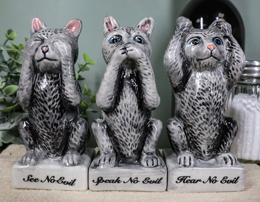 See Hear Speak No Evil Cats Trio Toothpick Holder Salt And Pepper Shakers Set - Ebros Gift